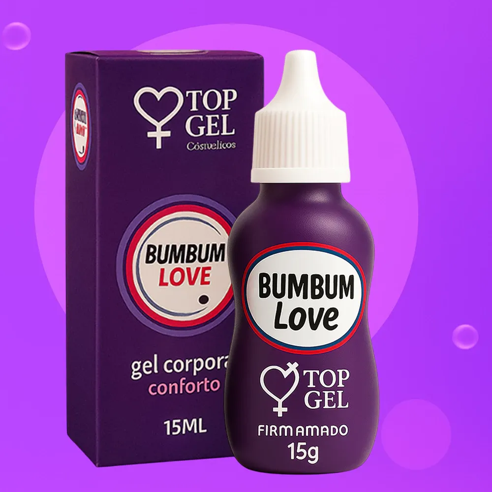 Frasco e caixa roxos do gel corporal Bumbum Love, da Top Gel, de 15 ml