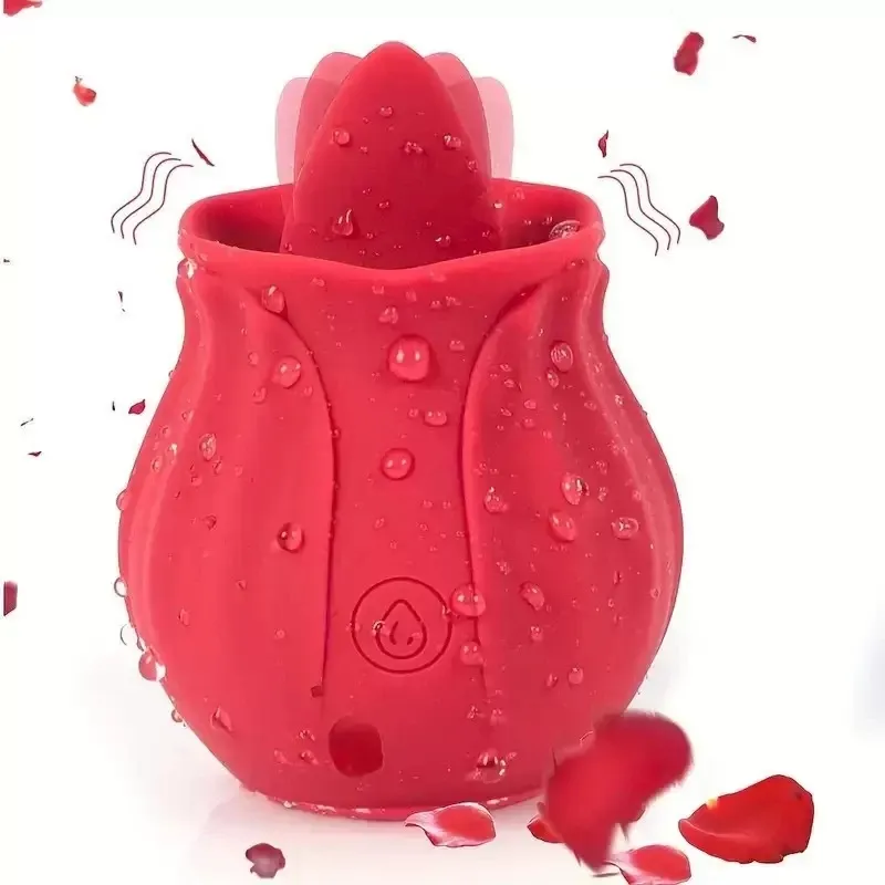 Sugador de clitóris vermelho em formato de rosa, com uma língua de silicone saindo do botão
